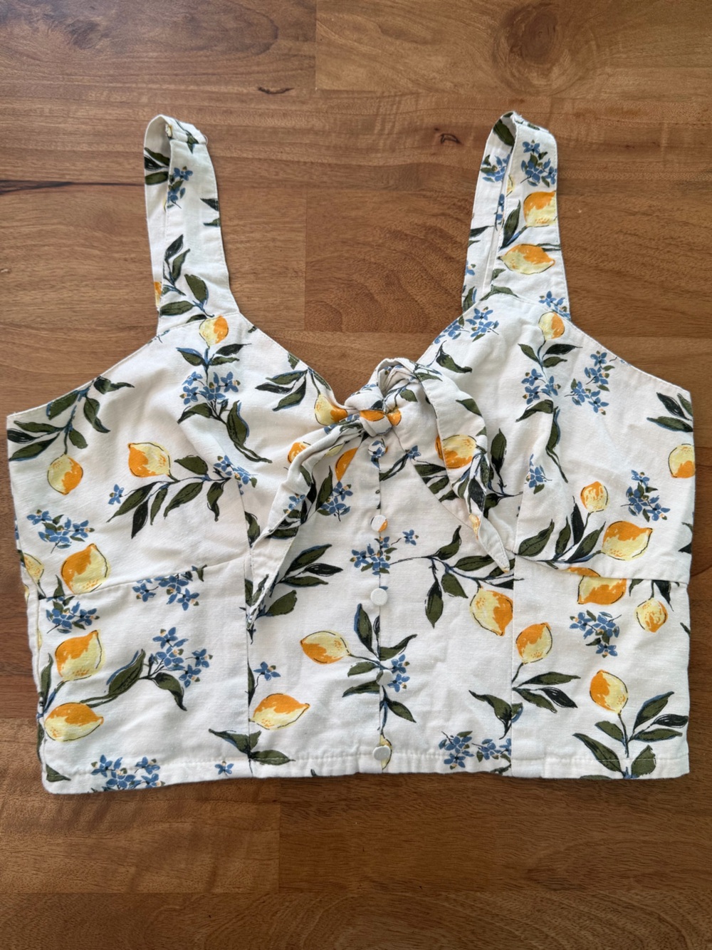 Midnight Sky Lemon-Print Linen Blend Cropped Tank w/ Smocked Back - Large *EUC* - Picture 1 of 10